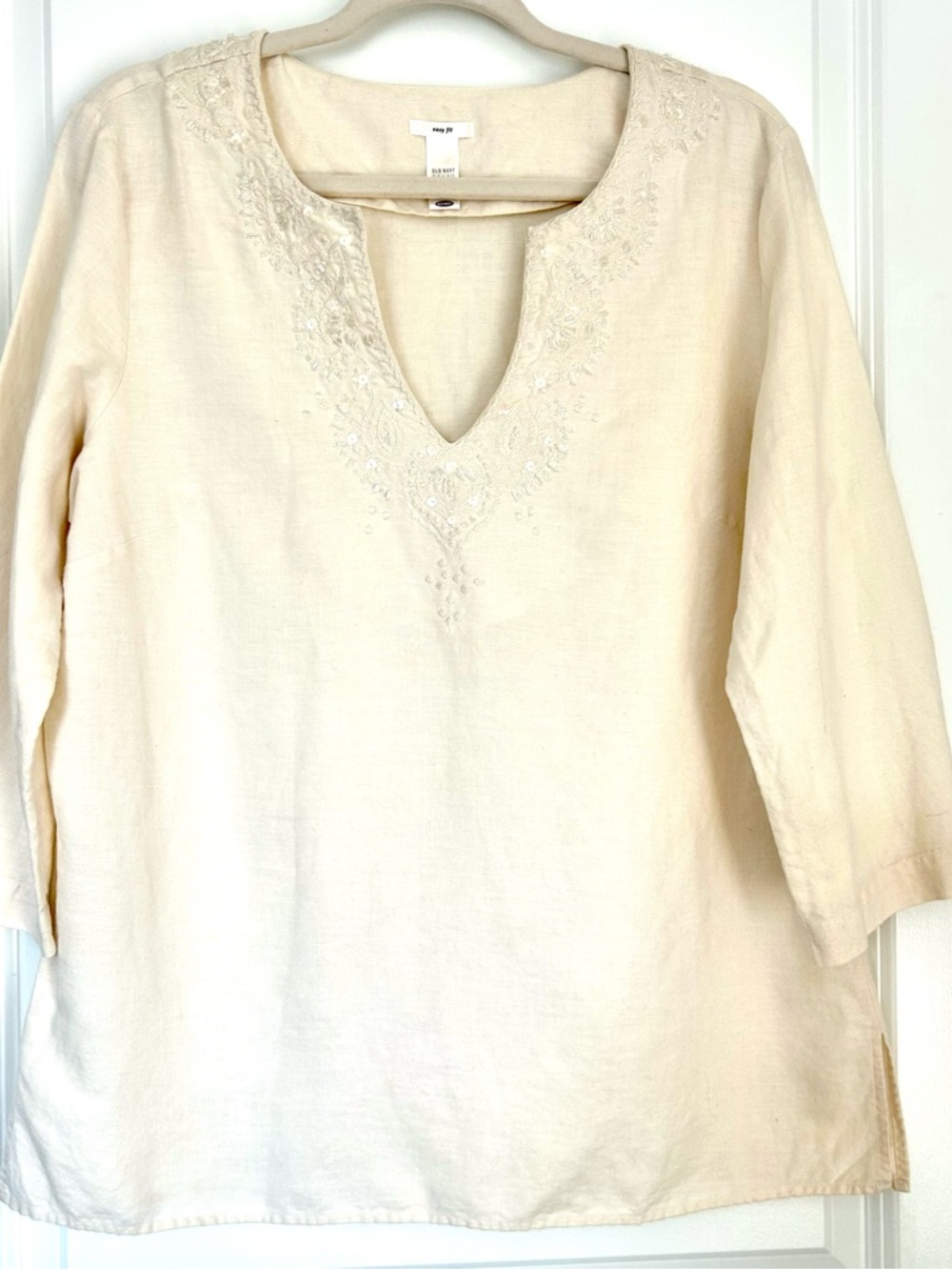 VTG Old Navy L Linen Tunic Top Easy Fit Cream Beaded 3/4 Sleeve Boho Resort